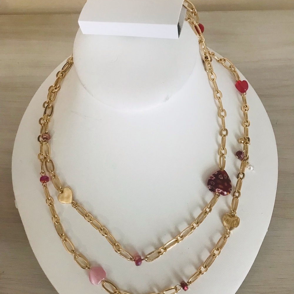 Style & Co. Gold-Tone Double Chain Necklace with Pink and Red Heart Charms